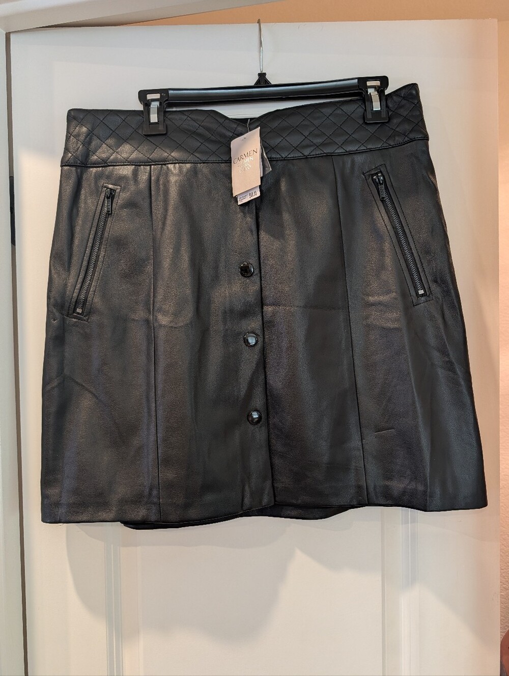 Tagged Women's Black Faux Leather Button-Front Skirt, Size 12